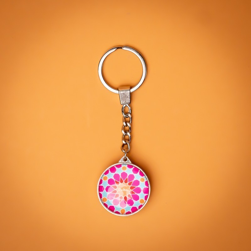 Geo Pink Star Round Keychain